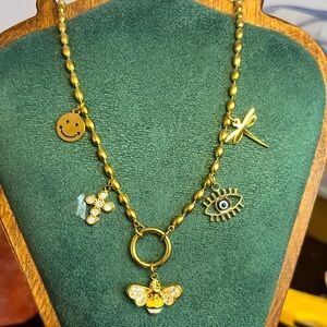 Gold Charm Necklace with Bee and Eye Accents 14-16”